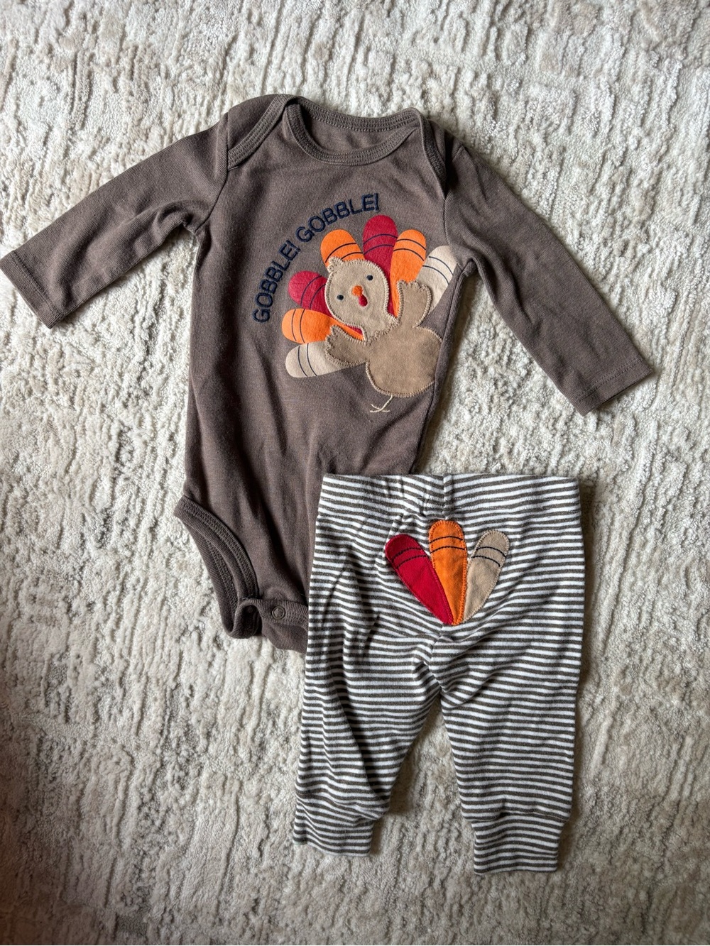 Baby Brown Long-Sleeve Turkey Bodysuit and Stripe Pants Set